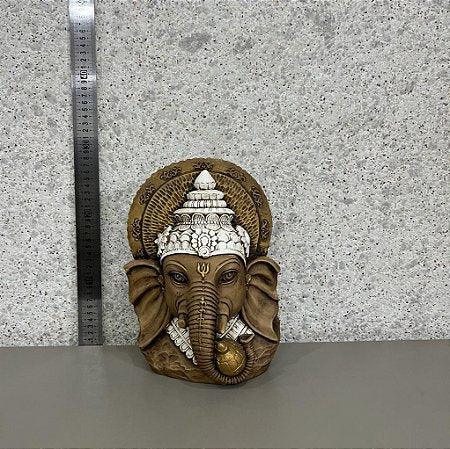 Ganesha ceramica branca com marrom e detalhes dourados