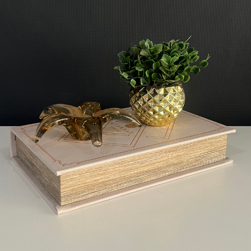 Kit Caixa de Livro + Estrela de Cristal Murano + Vaso Pequeno com Planta Artificial