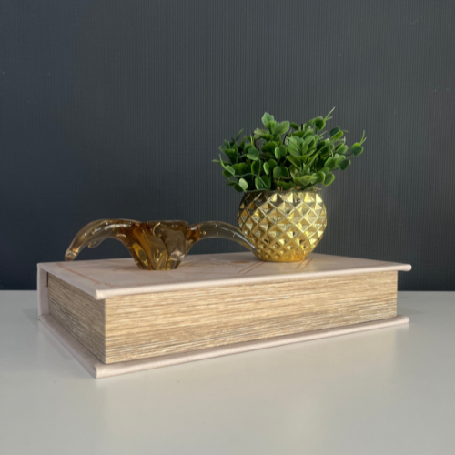 Kit Caixa de Livro + Estrela de Cristal Murano + Vaso Pequeno com Planta Artificial