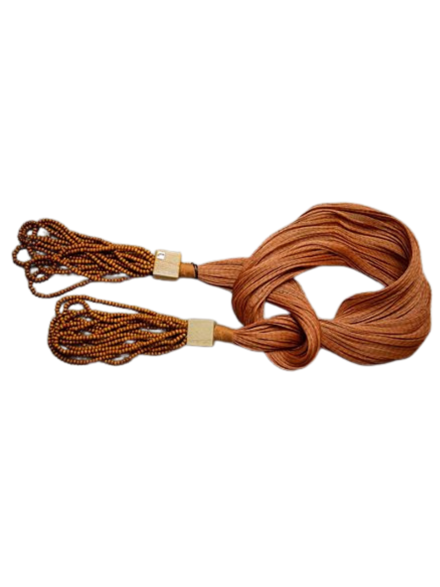 Colar Decorativo em tela, madeira teca e contas caramelo 170cm
