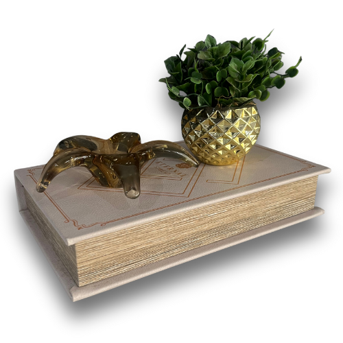 Kit Caixa de Livro + Estrela de Cristal Murano + Vaso Pequeno com Planta Artificial